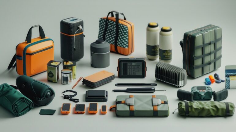 Tech devices for emergencies includes gadgets for an emergency kit. Photo displays tools, energy bars, and a radio, all arranged on a light gray backdrop in soft natural light.