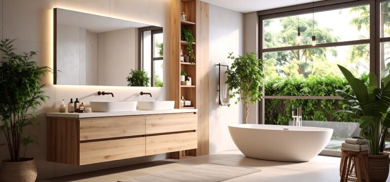 This image showcases a tranquil bathroom wellness retreat designed with a modern, minimalist aesthetic. Natural light floods the space, highlighting the wooden vanity and serene green plants.