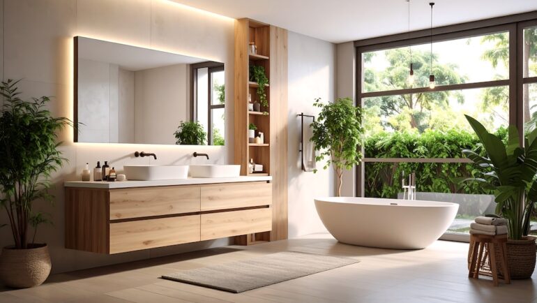 This image showcases a tranquil bathroom wellness retreat designed with a modern, minimalist aesthetic. Natural light floods the space, highlighting the wooden vanity and serene green plants.