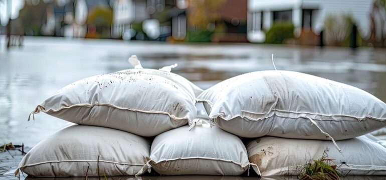 Flooded street scene with sandbags. Houses in background, gloomy, overcast weather dealing with climate change issues.