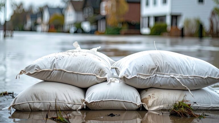 Flooded street scene with sandbags. Houses in background, gloomy, overcast weather dealing with climate change issues.