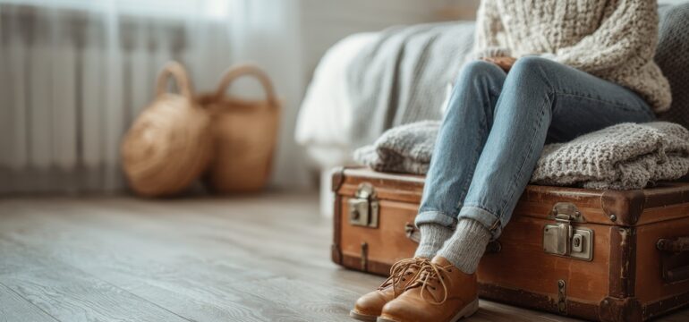 Photo of a person with suitcase at foot of bed depicting home-sharing and vacation rentals as a way to earn rental income to pay a home mortgage.