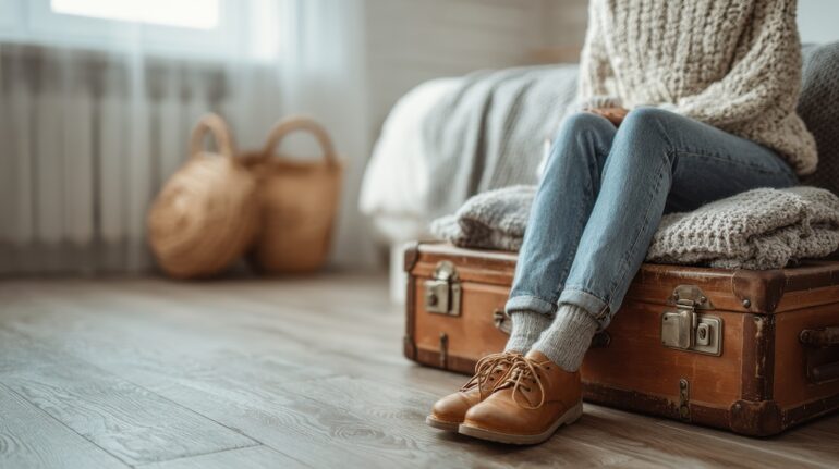 Photo of a person with suitcase at foot of bed depicting home-sharing and vacation rentals as a way to earn rental income to pay a home mortgage.