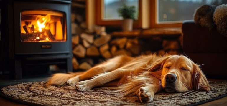 Dog Sleeping in Front of Wood-Burning Stove in Cozy Mountain Cabin Living Room with Rustic Decor.