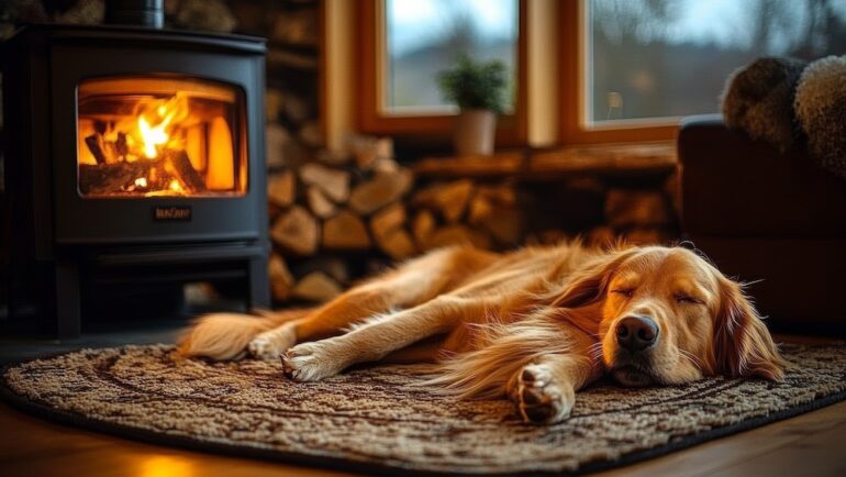 Dog Sleeping in Front of Wood-Burning Stove in Cozy Mountain Cabin Living Room with Rustic Decor.
