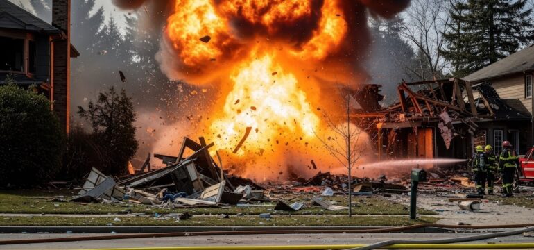 Image of a house explosion due to a gas leak.