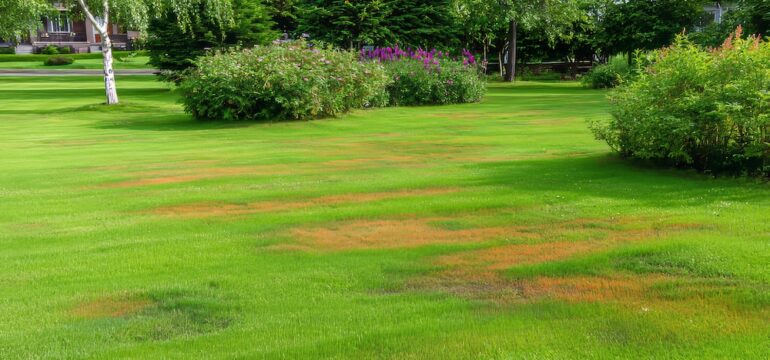 Residential home lawn suffering from lawn diseases such as brown patch.