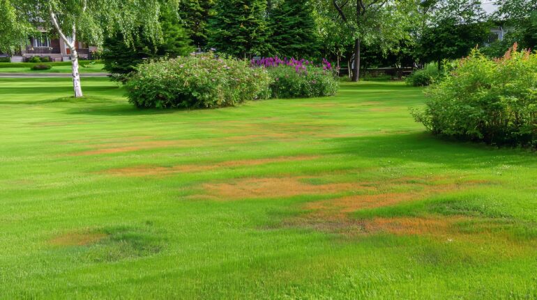 Residential home lawn suffering from lawn diseases such as brown patch.