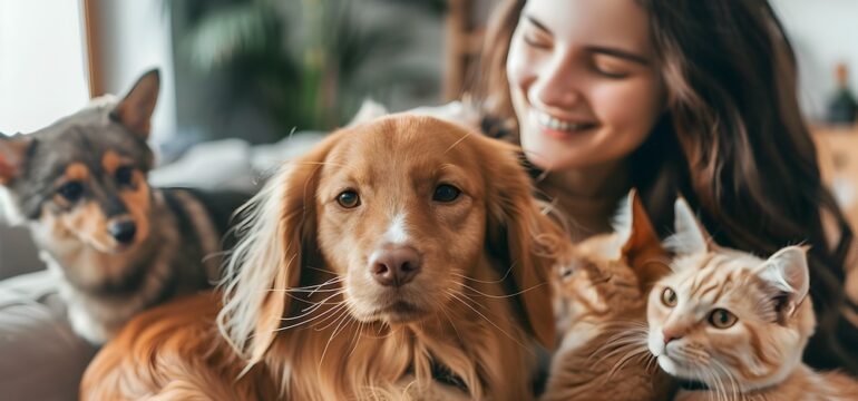 Friendly Pet Sitter Caring for Multiple Domestic Animals Including Dogs and Cats in a Client s Home Ensuring They Are Fed Walked and Happy.