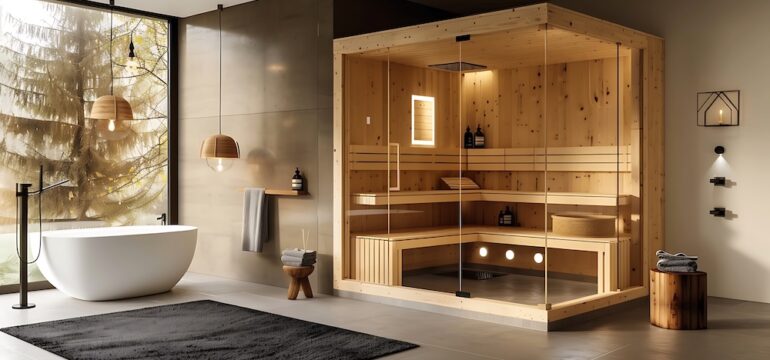 Home primary bathroom with a home wellness feature of a sauna.