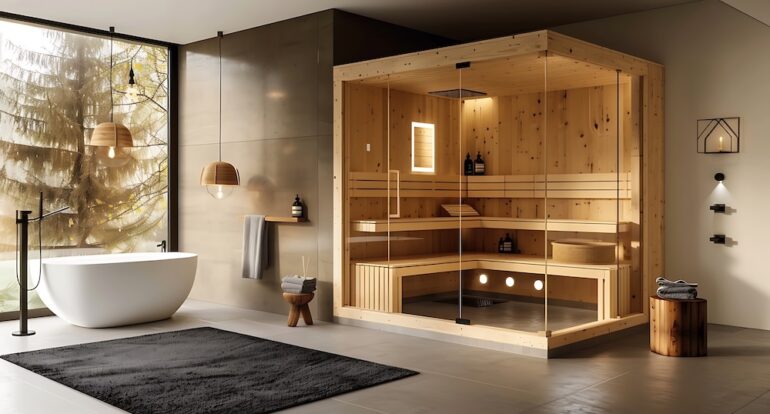 Home primary bathroom with a home wellness feature of a sauna.