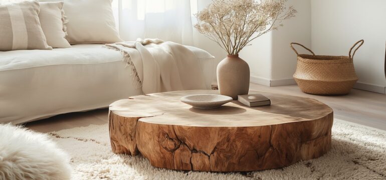 Image of a coffee table made of natural elements such as burl wood in the center of a living room.