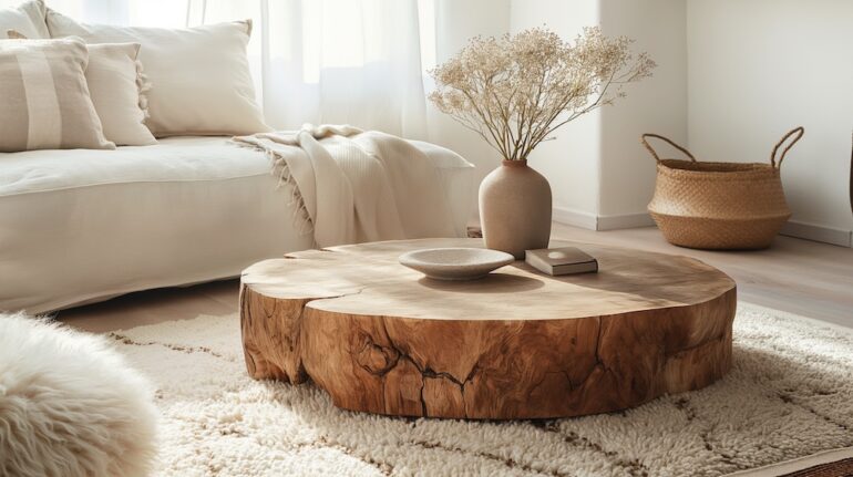 Image of a coffee table made of natural elements such as burl wood in the center of a living room.