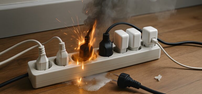 Power strip safety a concern in this image with overloaded plugs that are flaming and smoking showing the beginning of a home electrical fire.