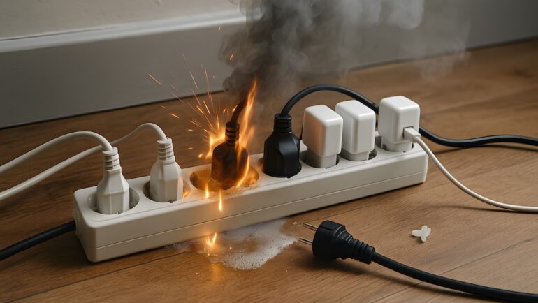 Power strip safety a concern in this image with overloaded plugs that are flaming and smoking showing the beginning of a home electrical fire.