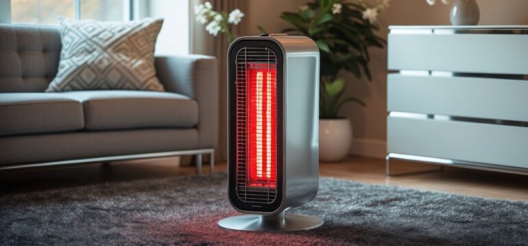 Modern infrared space heater in a cozy room on carpet.