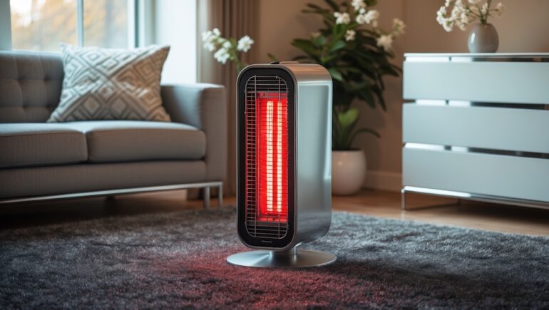 Modern infrared space heater in a cozy room on carpet.