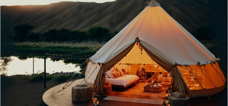 Luxury tent with bed near a lake to invision the health benefits of sleeping outdoors.
