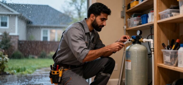 Male technician installing a residential water softening system.