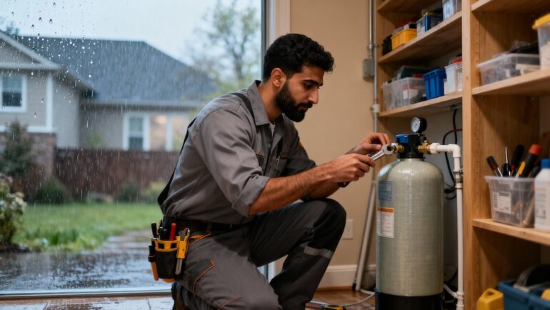 Male technician installing a residential water softening system.