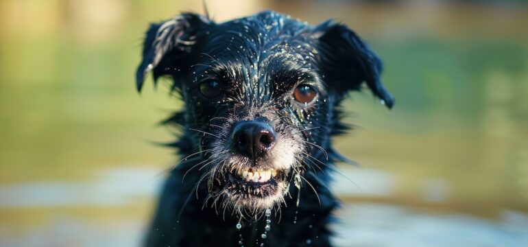 Black dog that shows obvious signs of rabies.