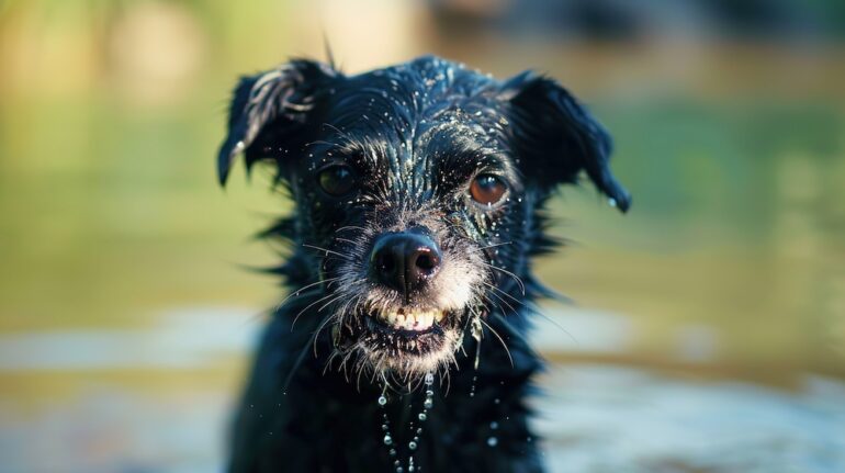 Black dog that shows obvious signs of rabies.